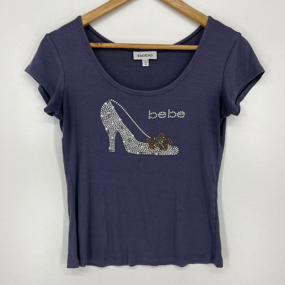 Bebe Womens Ribbed Rhinestone Stiletto Graphic Scoop Neck Top Blue Size M Vtg